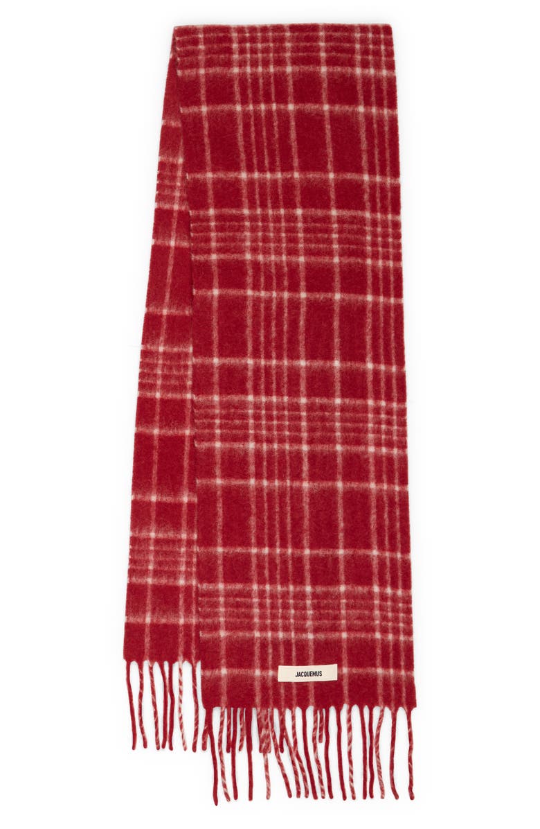 Jacquemus L'écharpe Carro Check Mohair, Alpaca & Virgin Wool Blend Fringe Scarf, Main, color, 