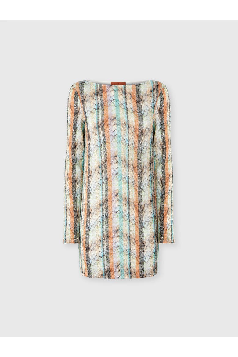 Mini Dress In Viscose Lamé Blend With Multi-technique Knit And Boat Neckline, Alternate, color, Multicoloured