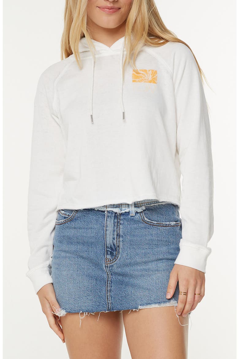We Arrived Crop Fleece Graphic Hoodie, Main, color, SNOW WHITE SEA GLASS