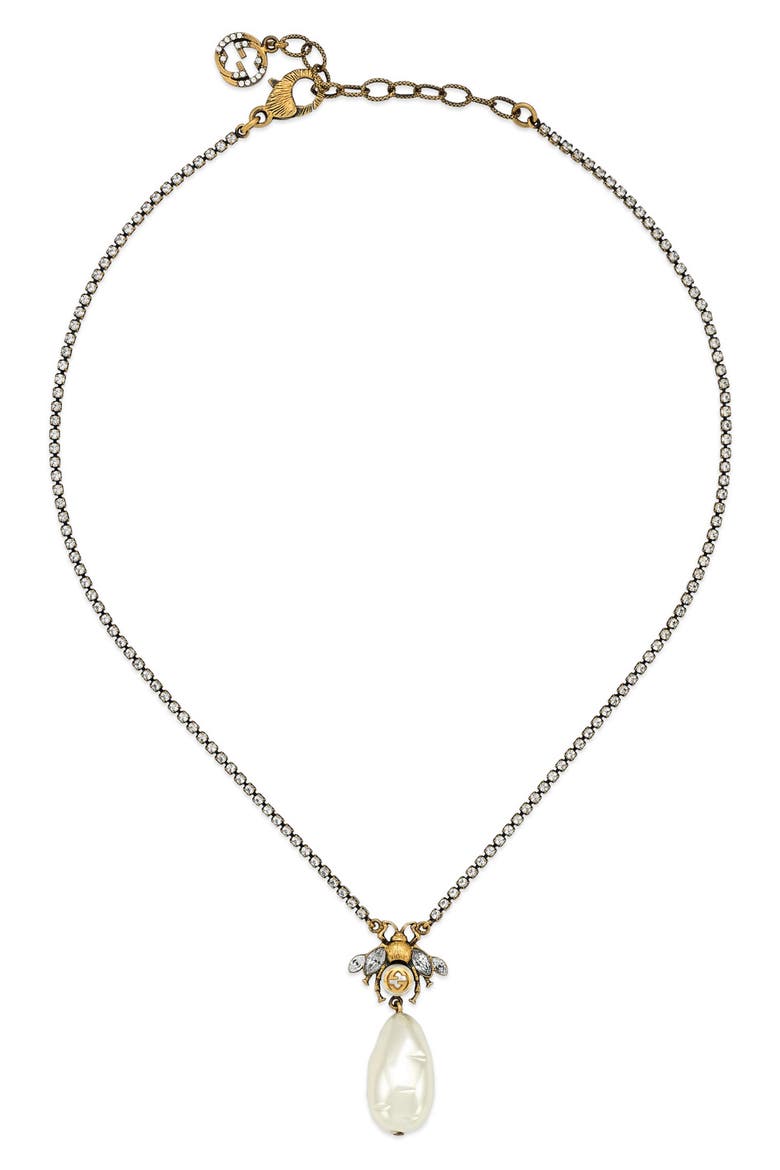 GG Bee Imitation Pearl Pendant Necklace, Main, color, GOLD