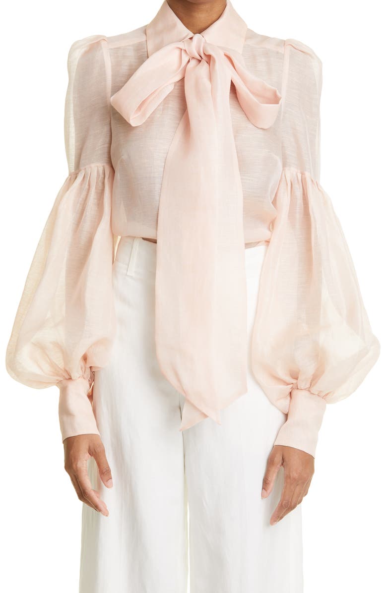 Zimmermann Dancer Tie Neck Linen & Silk Organza Blouse, Main, color,