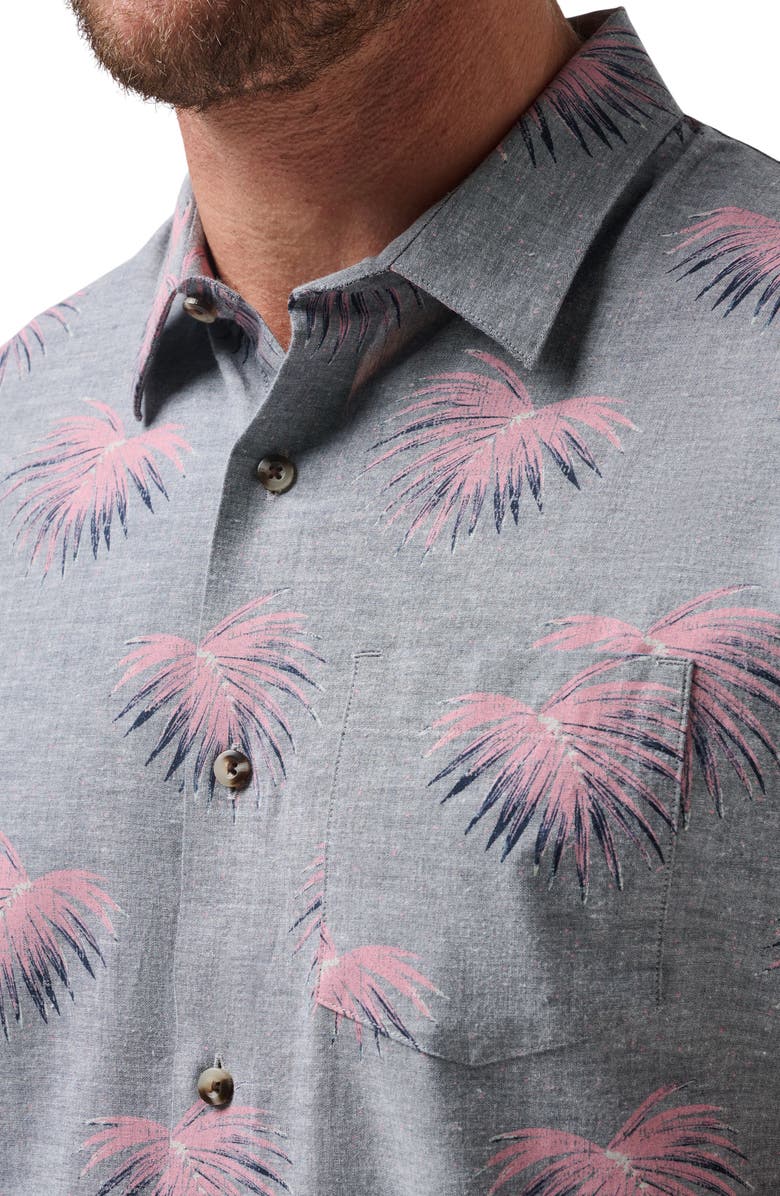 TravisMathew Tip Me Over Leaf Print Short Sleeve Stretch Button-Up Shirt, Alternate, color, Heather Total Eclips