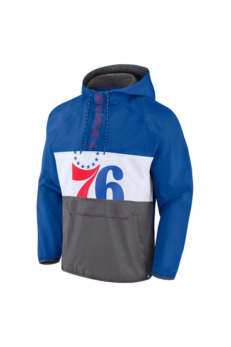 Men's Fanatics Branded  Royal/Gray Philadelphia 76ers Anorak Flagrant Foul Color-Block Raglan Hoodie Half-Zip Jacket, Alternate, color, Royal