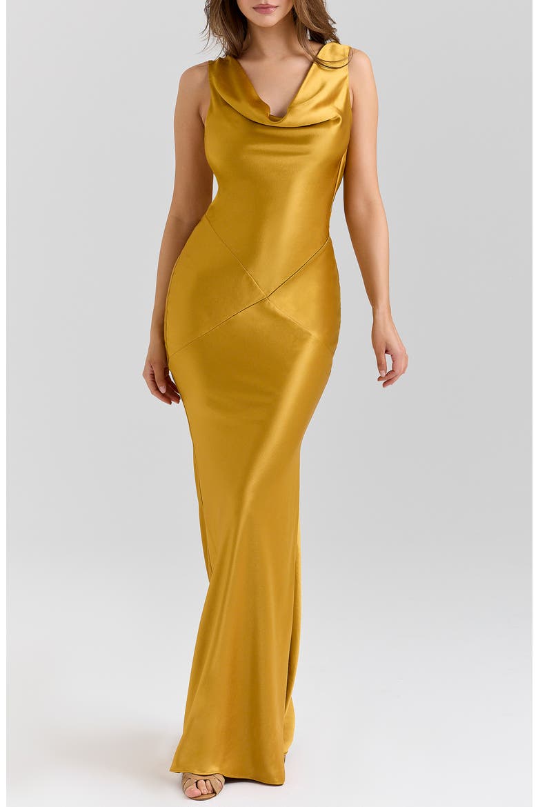 Safaira Cowl Neck Satin Gown, Main, color, AMBER
