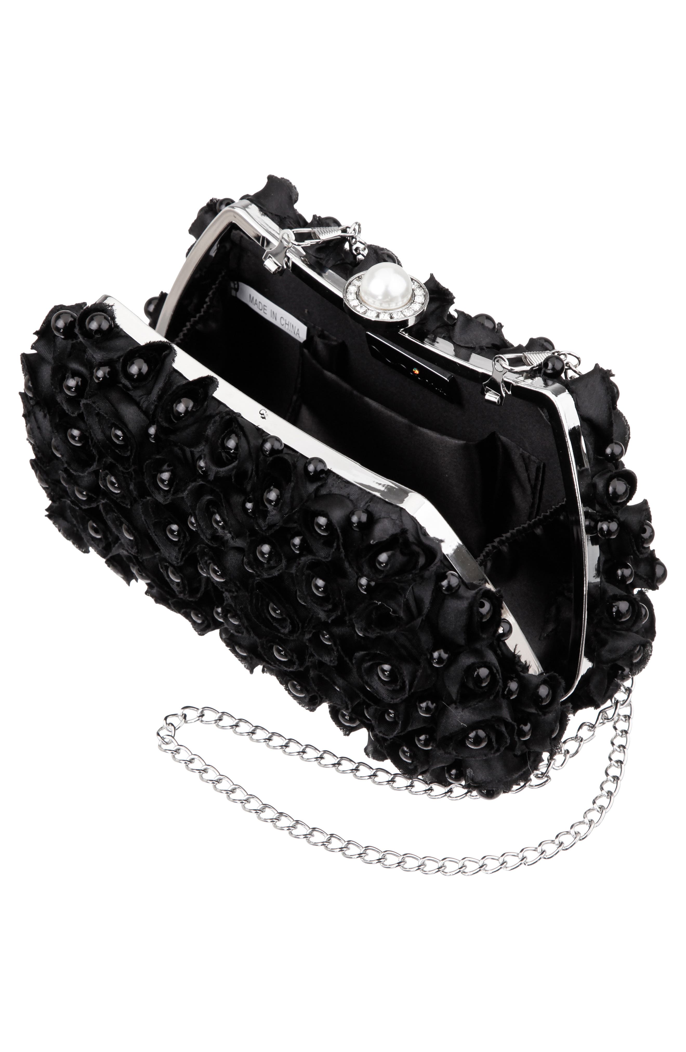 Paloma Rosette Imitation Pearl Frame Clutch, Alternate, color, BLACK