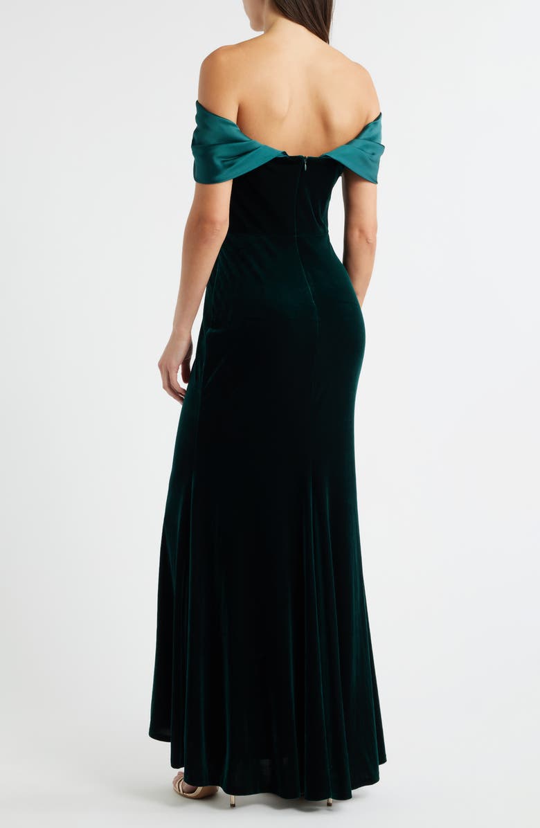 Eliza J Off the Shoulder Satin & Velvet Mermaid Gown, Alternate, color, Hunter