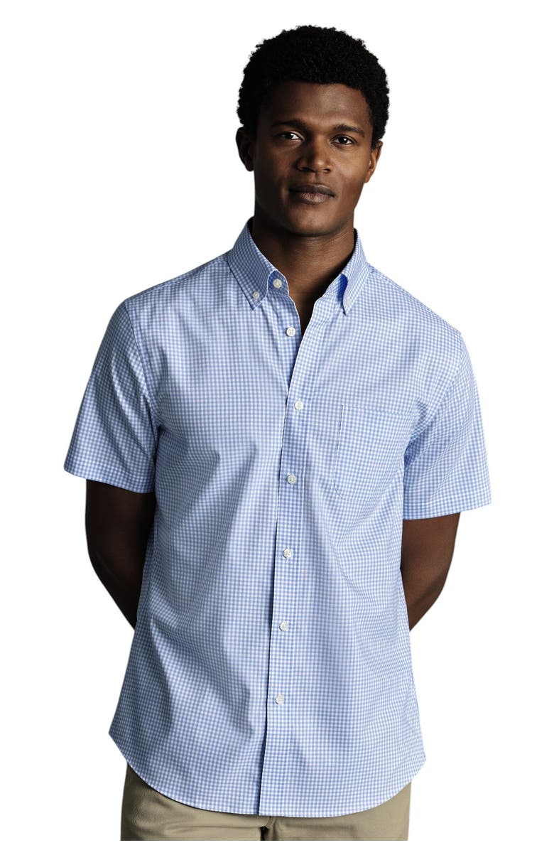 Charles Tyrwhitt Non-Iron Stretch Check Short Sleeve Shirt, Main, color, Cornflower Blue