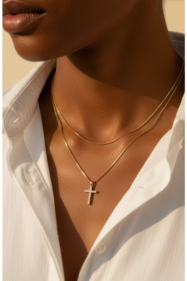 Dainty Cable Necklace with Pave Cross Chain Necklace Stacking Set, Alternate, color, Gold
