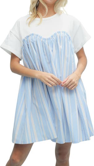 Stripe Twofer Mixed Media Cotton Babydoll Dress