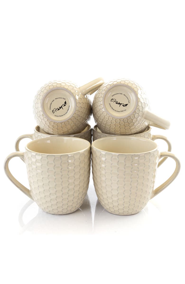 Elama Honeycomb 6 Piece 15 Ounce Round Stoneware Mug Set, Alternate, color, White