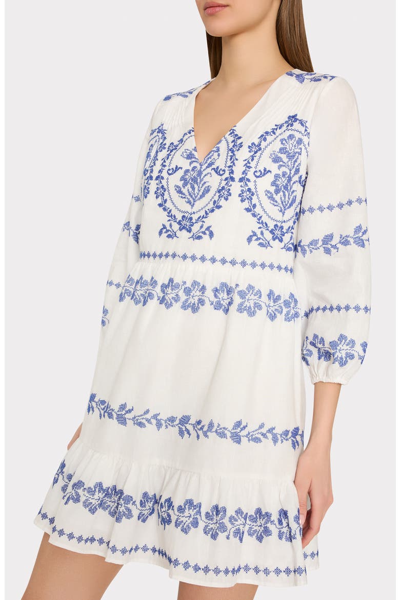 Lene Embroidered Linen & Cotton Minidress, Alternate, color, WHITE/ BLUE