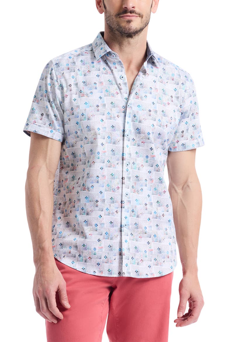 Embarcadero Short Sleeve Stretch Cotton Button-Up Shirt, Main, color, BLUE MULTI