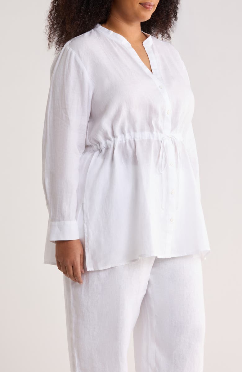 Eileen Fisher Split Neck Organic Linen Long Drawstring Shirt, Alternate, color, White