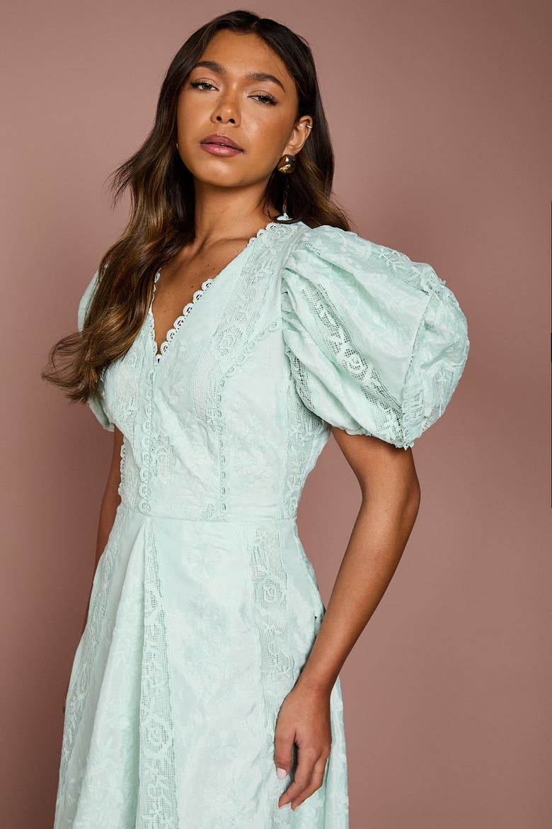 Lace Puff-Sleeve V-Neck Midi Dress, Alternate, color, Mint