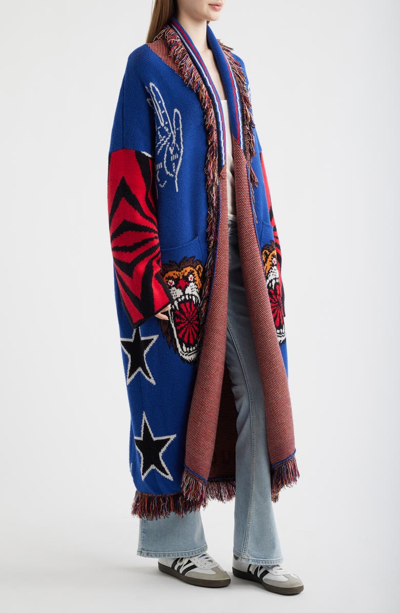 Dressed in Lala You Can Have It All Luxe Fringe Cardigan, Alternate, color, Royal Blue/ Red