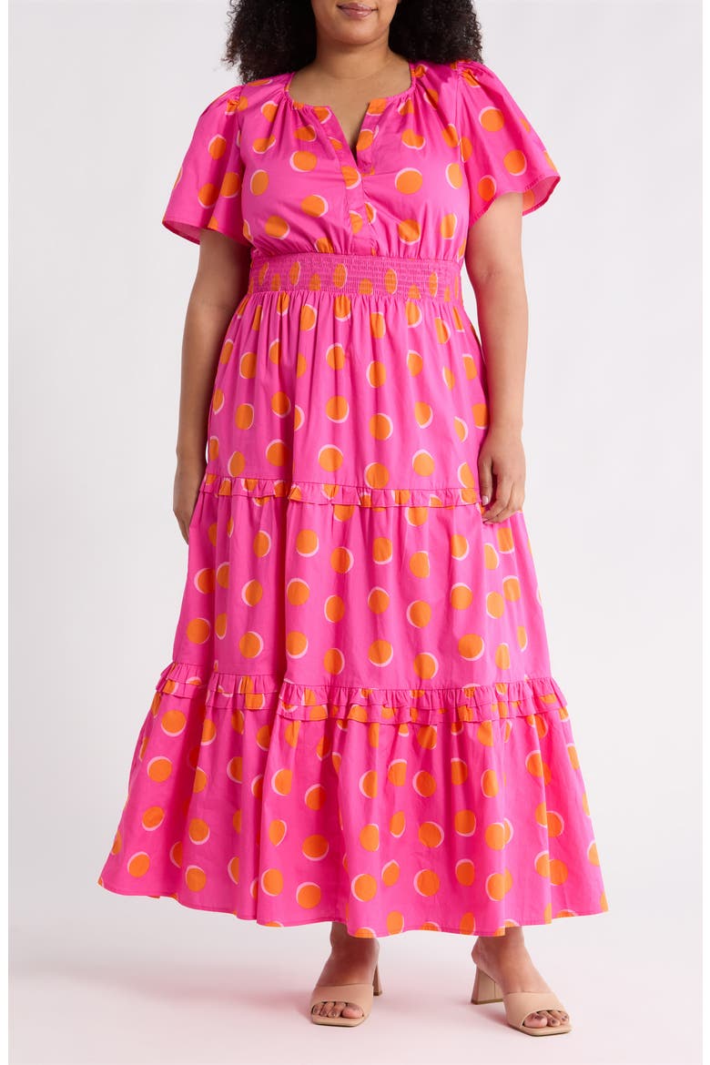 Jolene Print Tiered Maxi Dress, Main, color, FUCHSIA-ORANGE-DOT