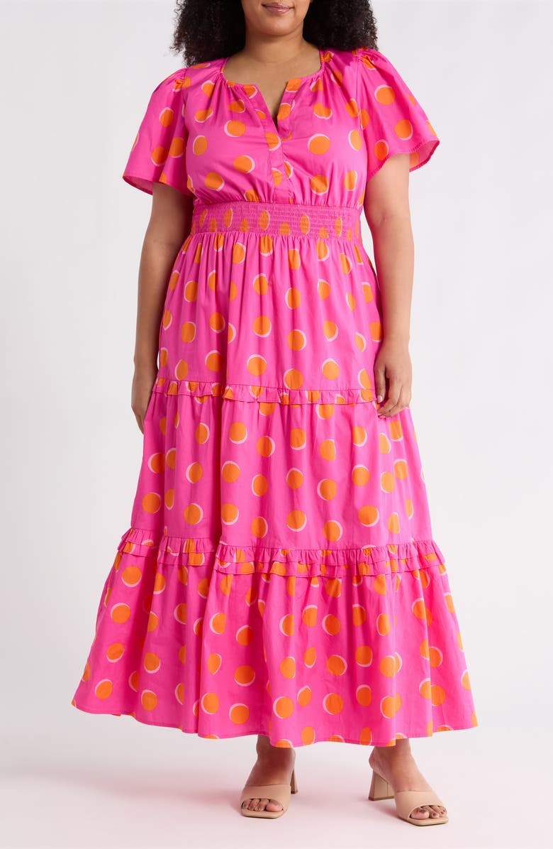 SUGARLIPS Jolene Print Tiered Maxi Dress, Main, color, Fuchsia-Orange-Dot