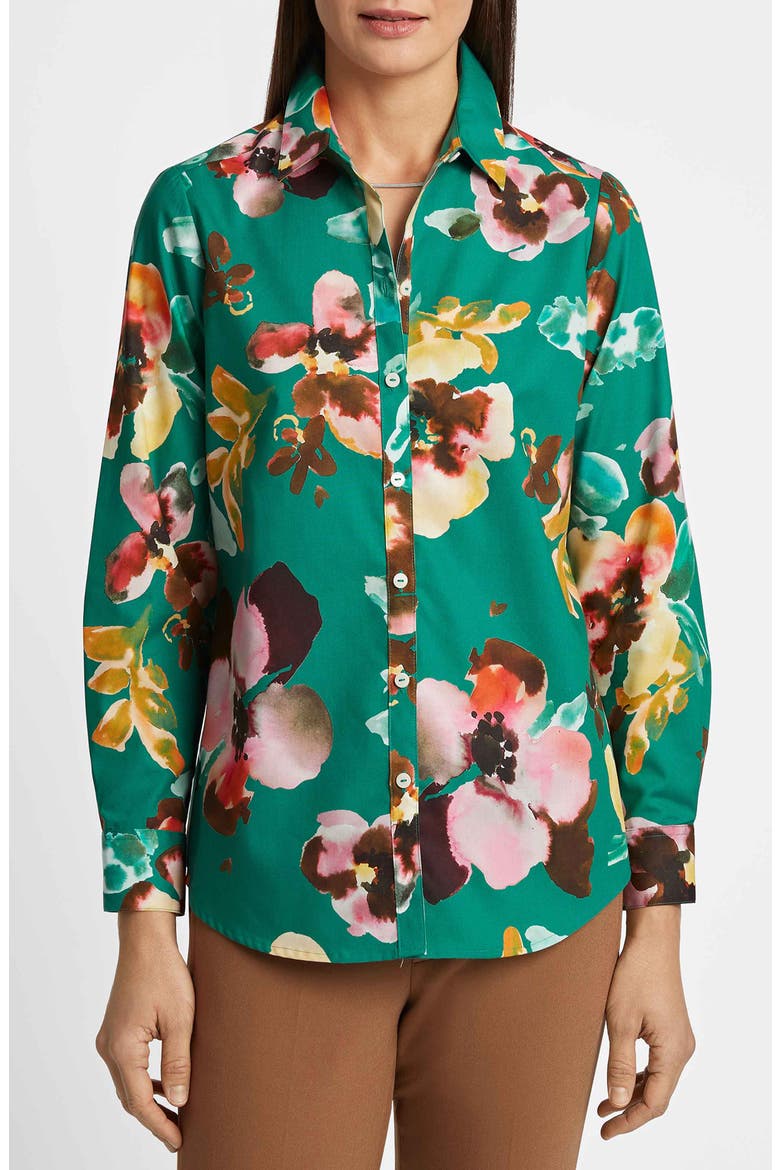 Zoey Watercolor Floral Cotton Button-Up Shirt, Main, color, GREEN MULTI