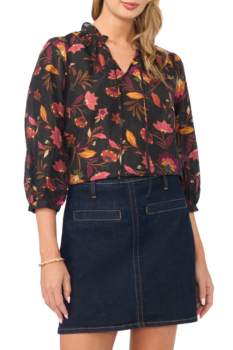 Floral Tie Neck Cotton Top, Main, color, RICH BLACK