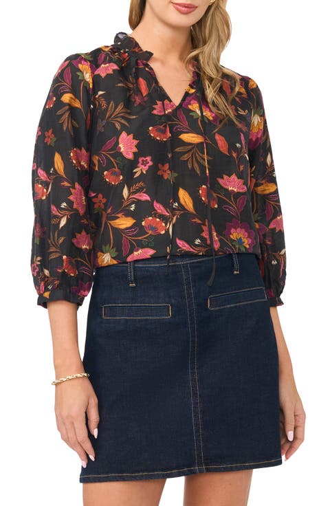 Floral Tie Neck Cotton Top