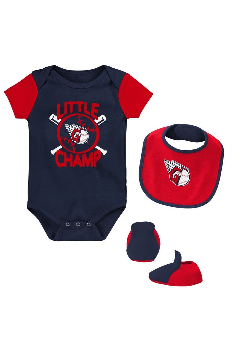 Newborn & Infant Navy/Red Cleveland Guardians Little Champ Three-Pack Bodysuit Bib & Booties Set, Main, color, Navy