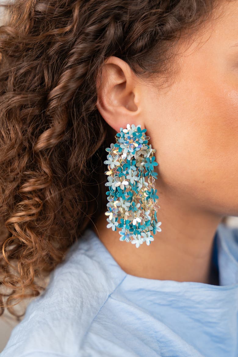 Sequin Flower Rain Statement Earrings in Aqua Mix, Alternate, color, Aqua Mix