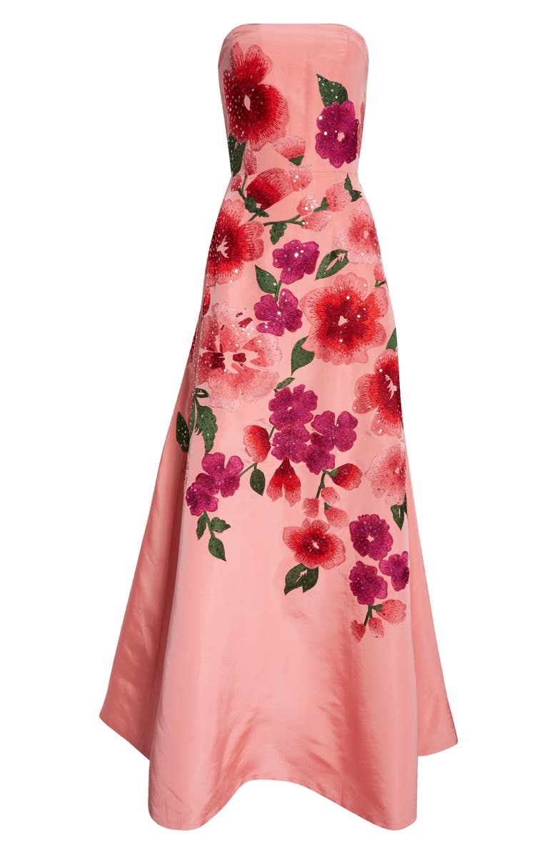 Carolina Herrera Floral Embroidered Strapless Silk Gown, Alternate, color, 