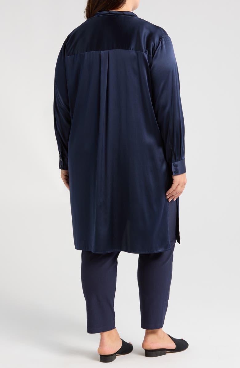 Eileen Fisher Band Collar Longline Stretch Silk Button-Up Shirt, Alternate, color,