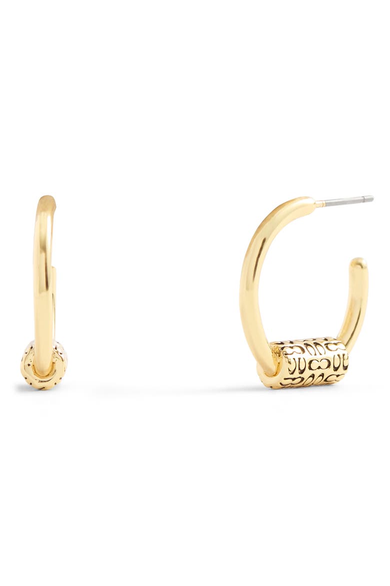 Logo Bead Huggie Earrings, Main, color, SHINY GOLD
