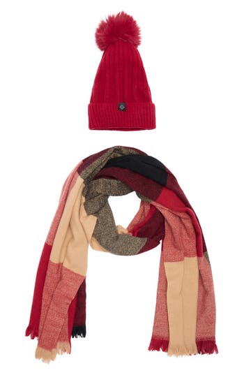 Nanette Lepore Faux Fur Pompom Beanie & Scarf Gift Set In Red