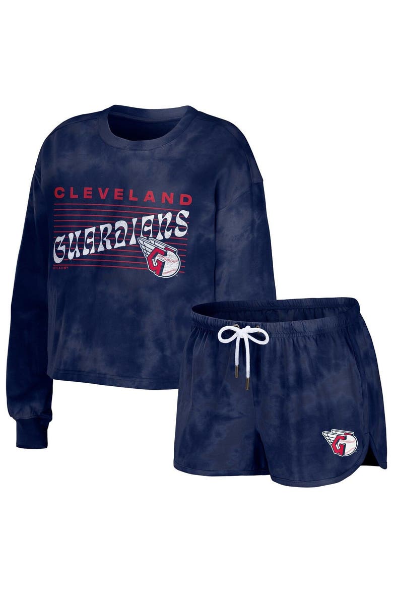 Women's WEAR by Erin Andrews Navy Cleveland Guardians Tie-Dye Cropped Pullover Sweatshirt & Shorts Lounge Set, Main, color, Navy