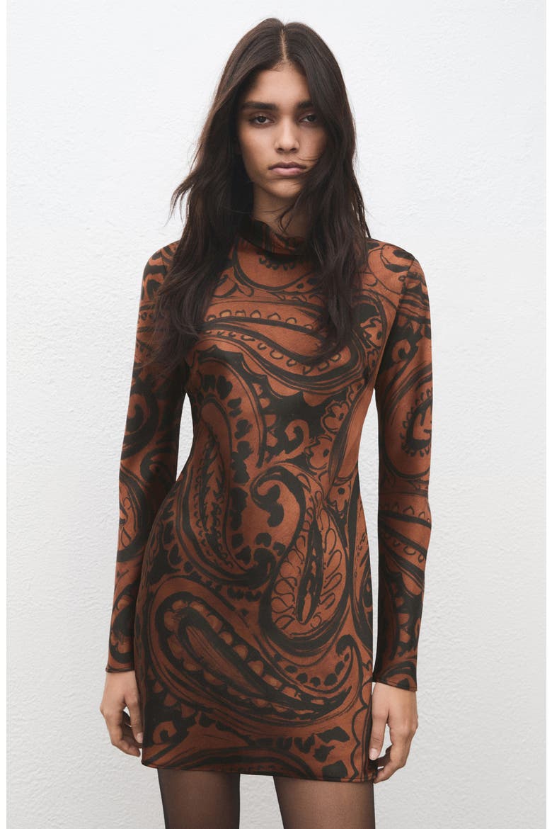 Paisley Long Sleeve Satin Dress, Alternate, color, BURNT ORANGE