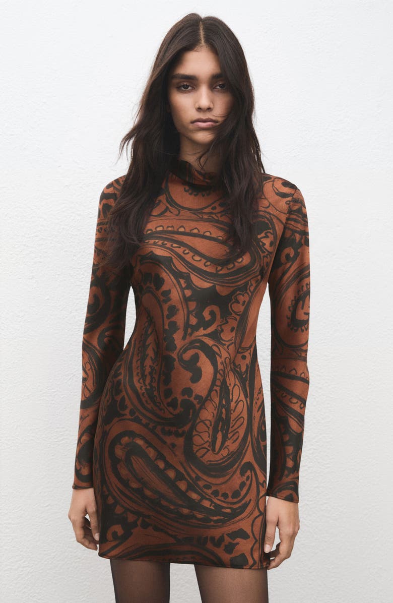 MANGO Paisley Long Sleeve Satin Dress, Alternate, color, Burnt Orange