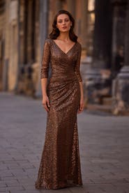 La Femme Three-Quarter Sleeve Sequin Dress with Ruching