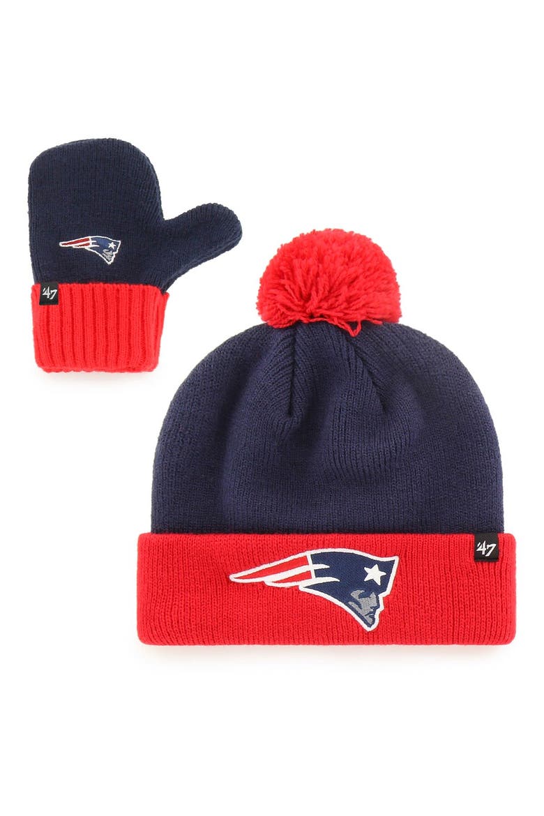 Infant '47 Navy/Red New England Patriots Bam Bam Cuffed Knit Hat With Pom and Mittens Set, Main, color, Navy