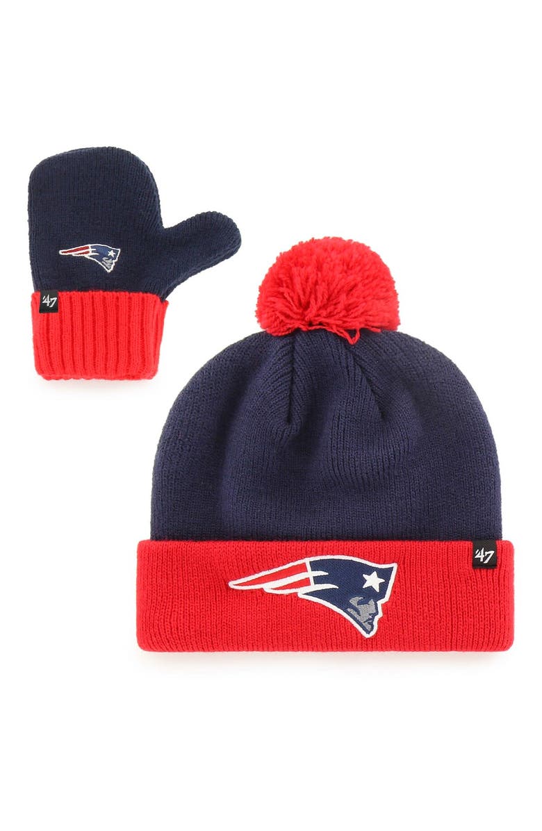 '47 Infant '47 Navy/Red New England Patriots Bam Bam Cuffed Knit Hat With Pom and Mittens Set, Main, color,