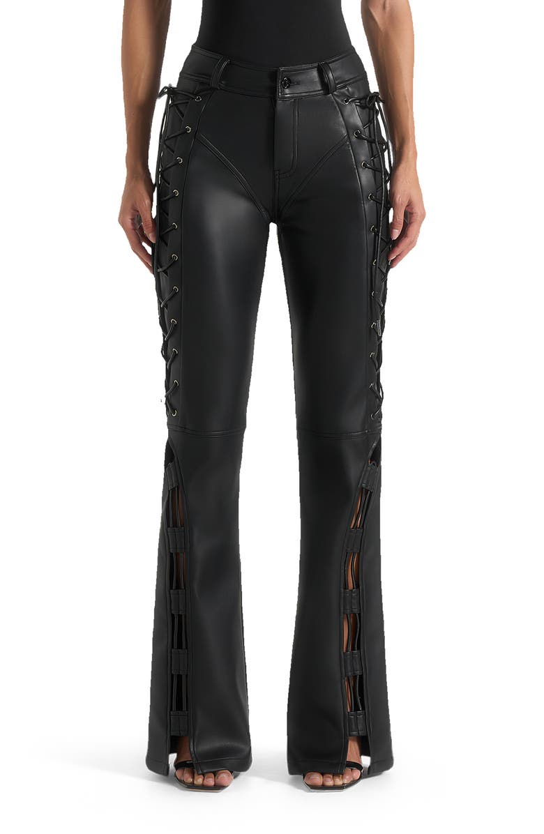 Manière De Voir Ambre Leather Lace Up Flared Trousers, Alternate, color, Black