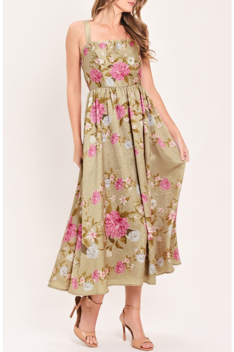 Floral Jacquard Fit & Flare Midi Dress, Alternate, color, TAN