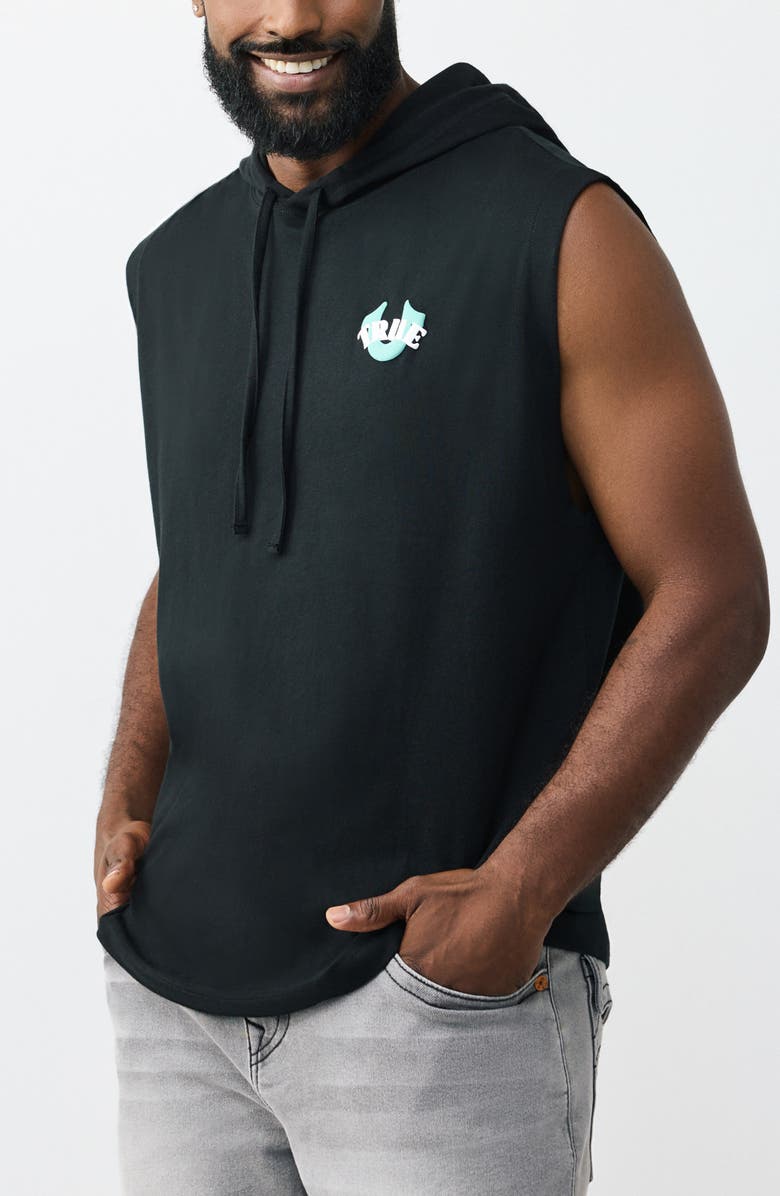 True Religion Buddha Circcular Hooded Tank, Alternate, color, Jet Black