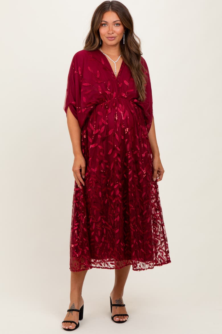 Embroidered Tulle Dolman V-Neck Midi Dress, Alternate, color, Burgundy