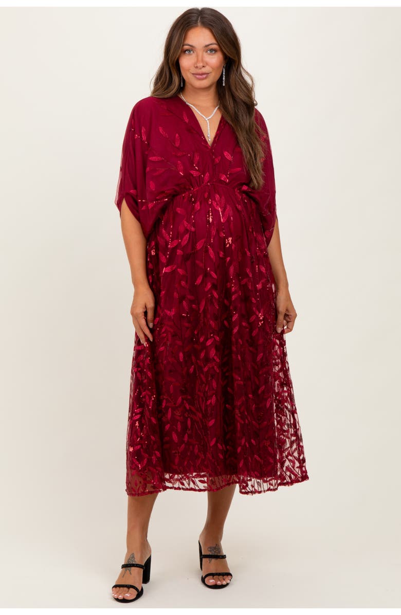 PinkBlush Embroidered Tulle Dolman V-Neck Midi Dress, Alternate, color, Burgundy