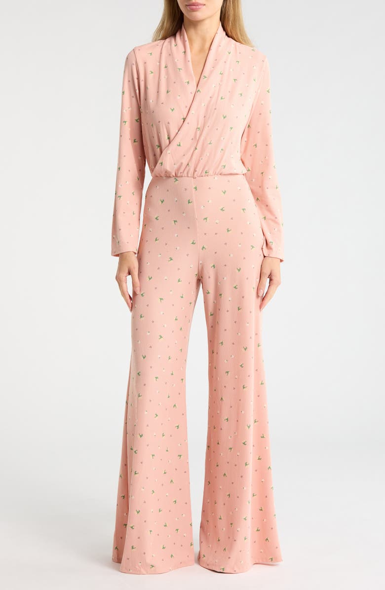 GO COUTURE Surplice V-Neck Long Sleeve Jumpsuit, Main, color, Dark Mauve Floral