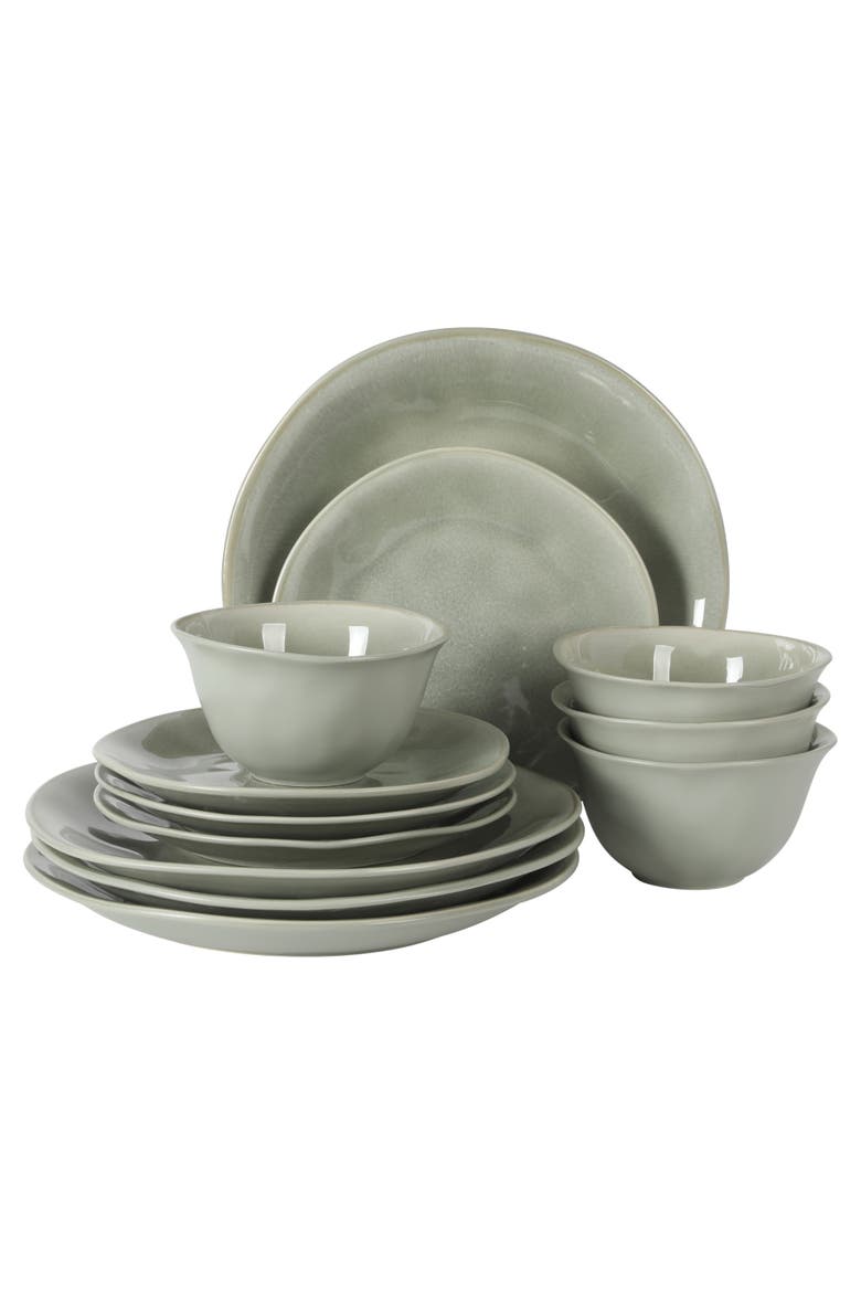 Port Barton 12-Piece Reactive Glaze Stoneware Dinnerware Set, Main, color, Green