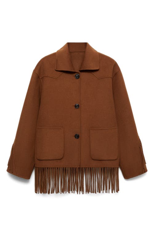 Mango Fringed Wool Blend Coat In Tobacco Brown