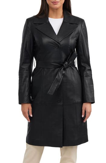 Badgley Mischka Single Breasted Faux Leather Trench Coat In Black