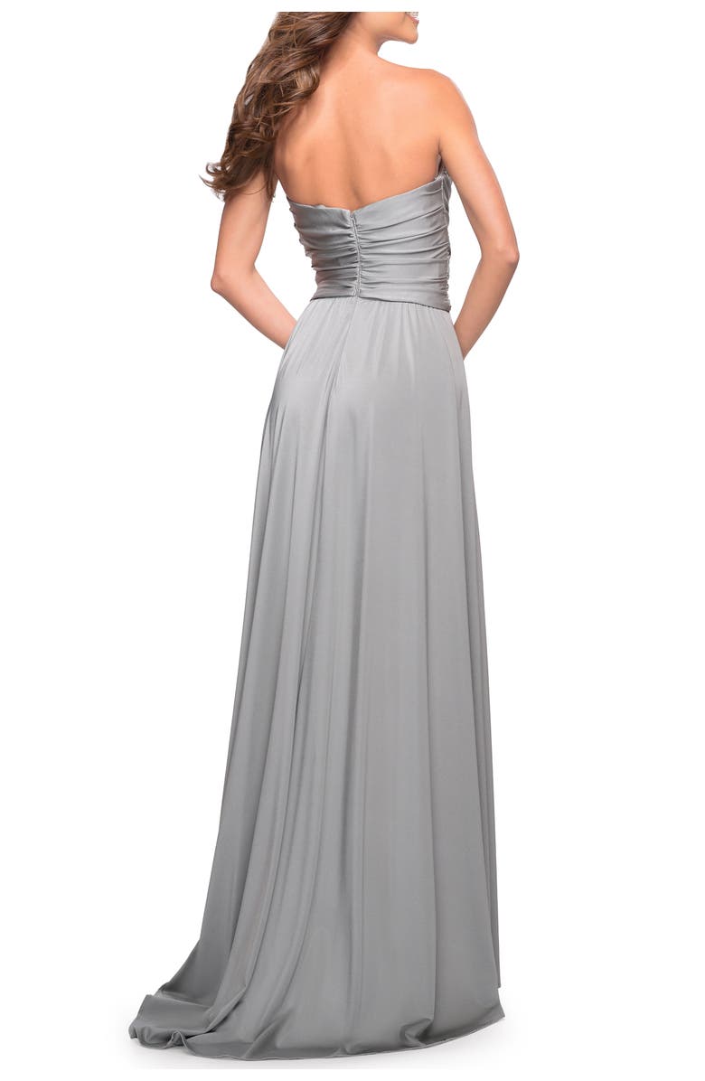 La Femme Simple Strapless Jersey Dress with High Slit, Alternate, color, Silver