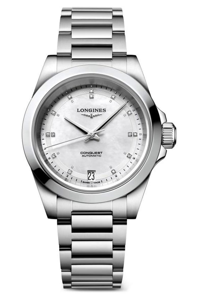 Conquest Automatic Bracelet Watch, 34mm, Main, color, SILVER