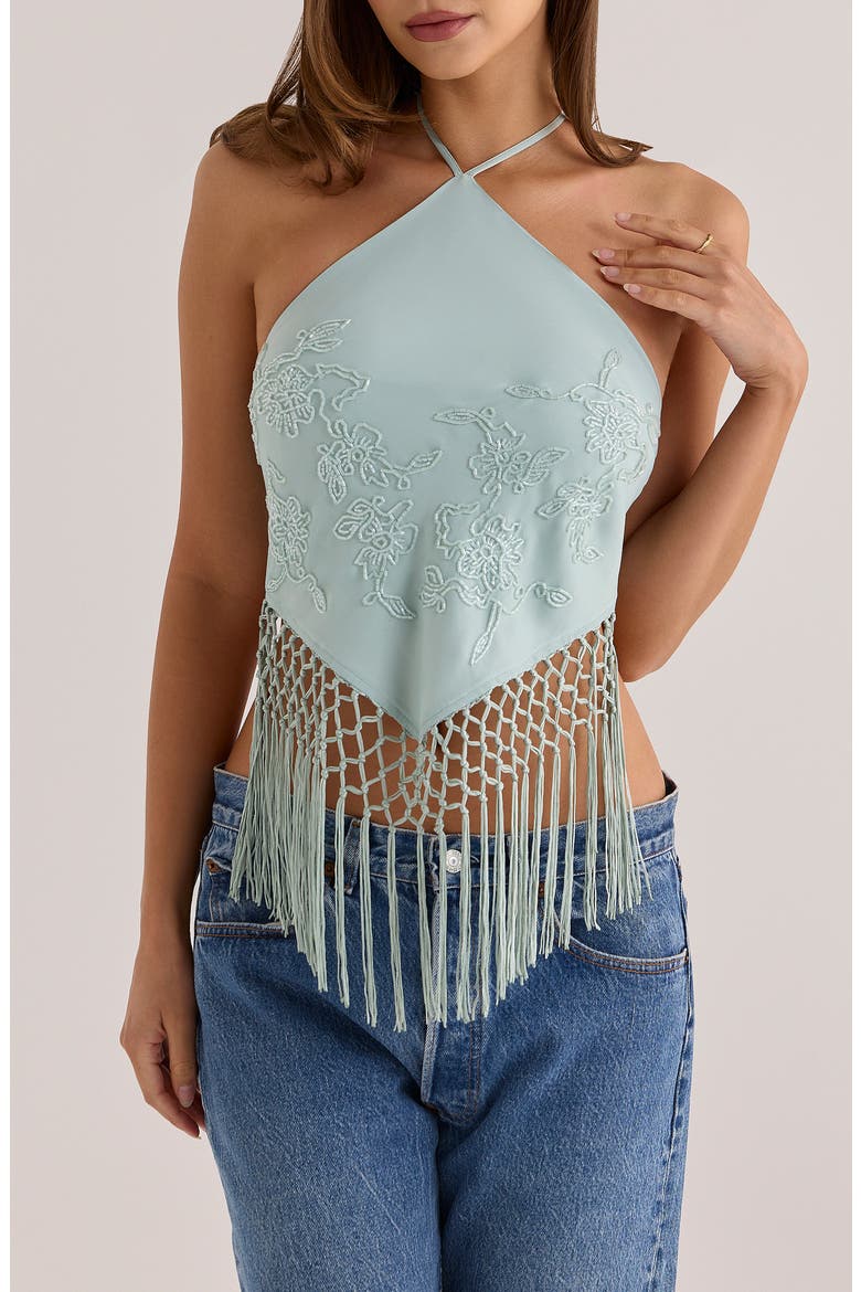 Sareena Hand Embellished Fringe Halter Top, Main, color, JADE