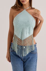 HOUSE OF CB Sareena Hand Embellished Fringe Halter Top
