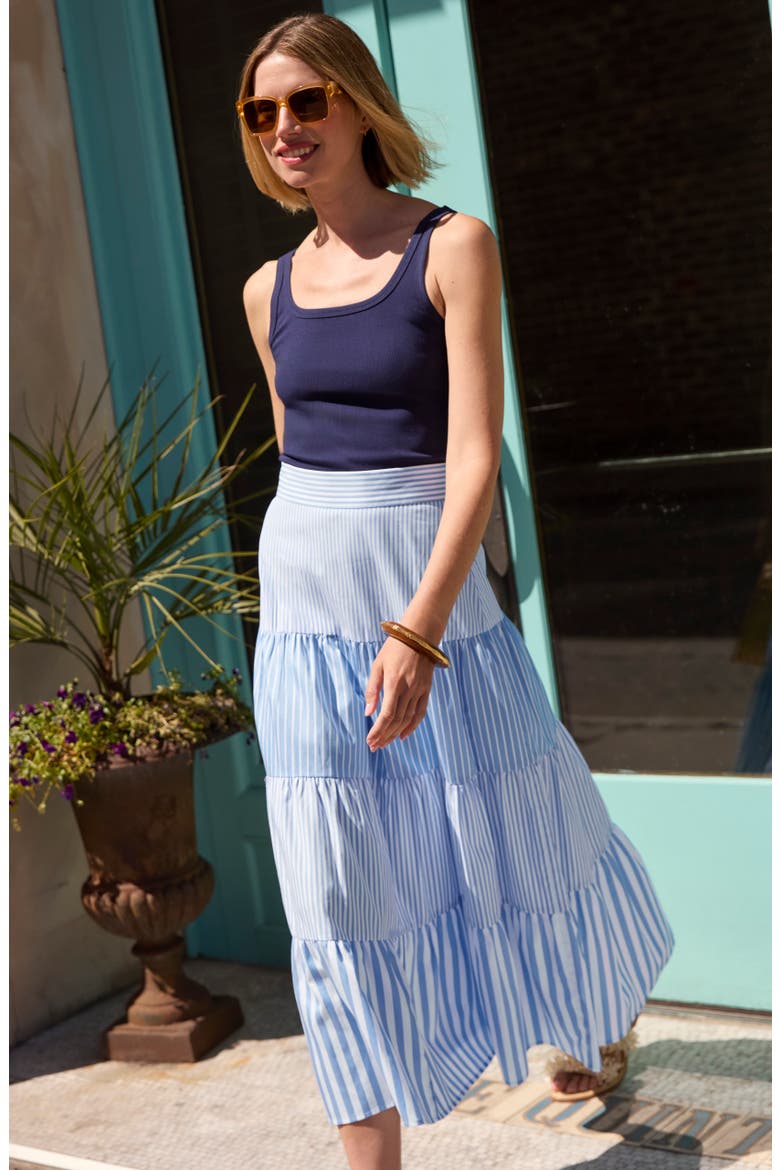 Shelly Tiered Midi Skirt, Alternate, color, SKY/ WHITE